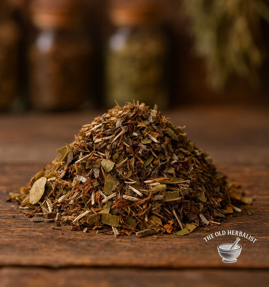 Calming evening herbal tea blend with flowers and leaves.