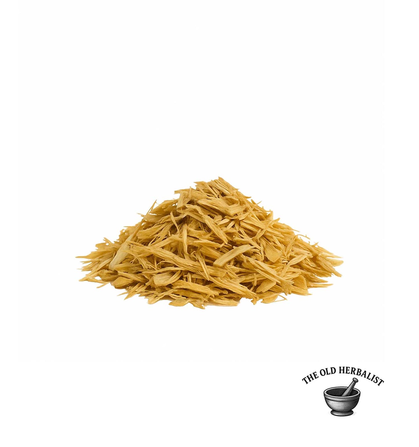 Dried roots of aspen bark on a white background with 'The Old Herbalist' logo.