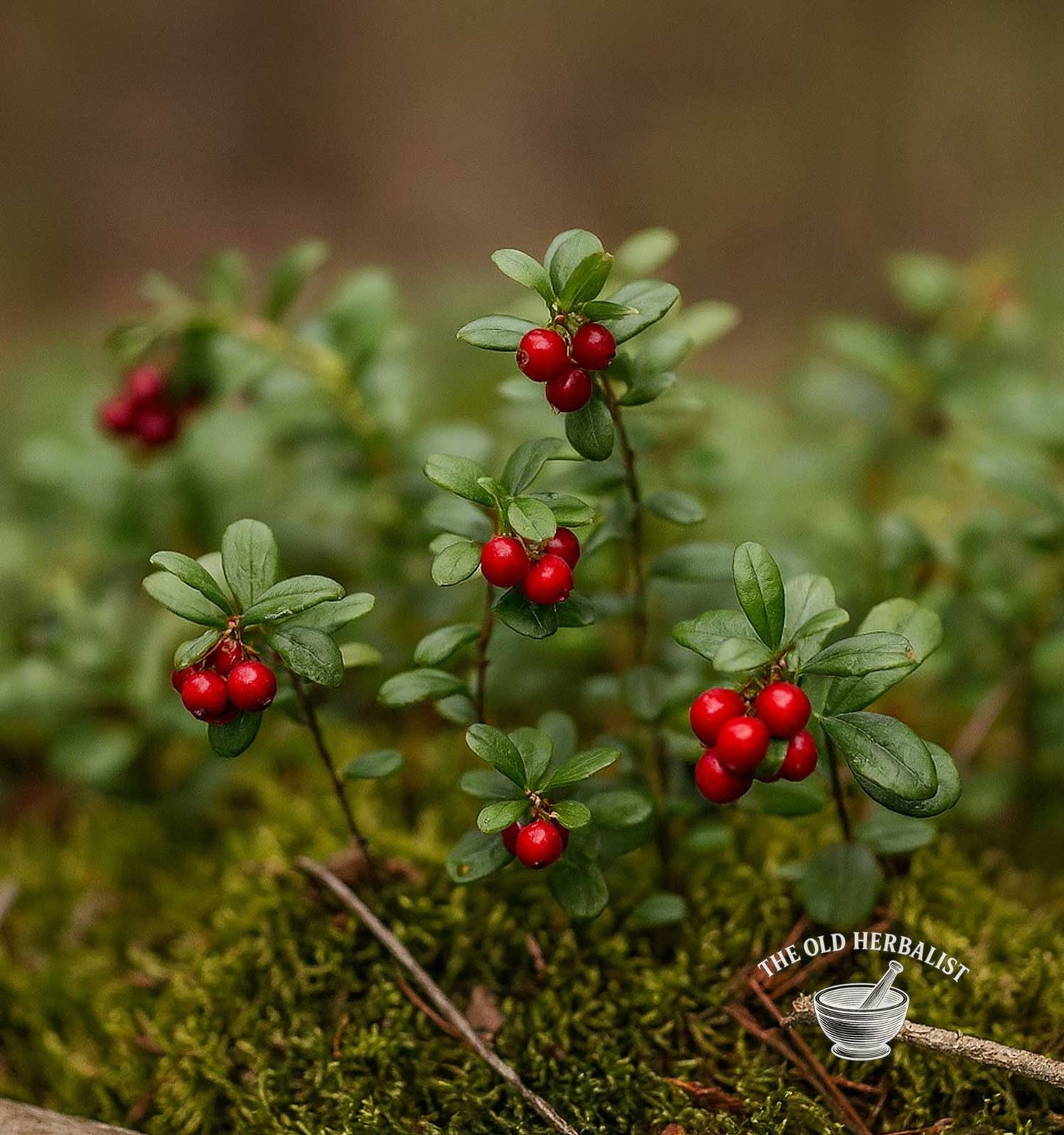 Red berries on green plants with a blurred natural background