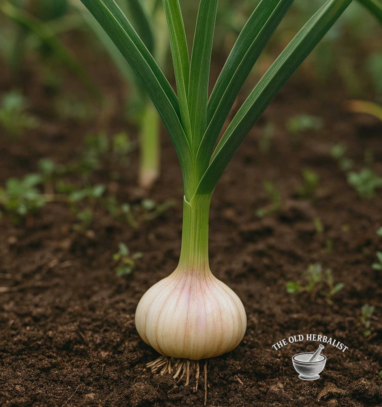 Garlic bulb with green leaves on soil, branded 'The Old Herbalist'.