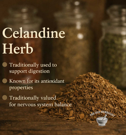 Celandine herb with text about its uses on a wooden surface, featuring jars in the background.