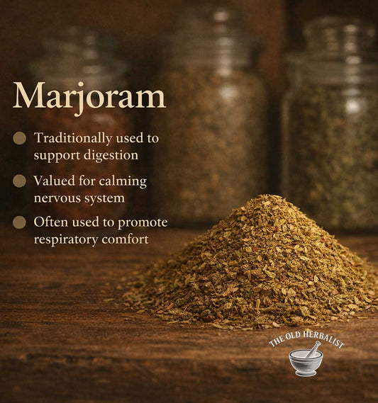 Loose dried marjoram herb for cooking and herbal tea.