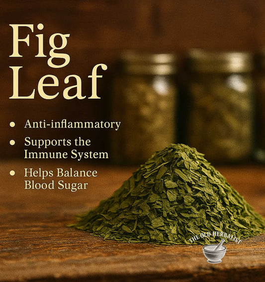Fig leaf on a wooden surface with text highlighting its health benefits and branding.
