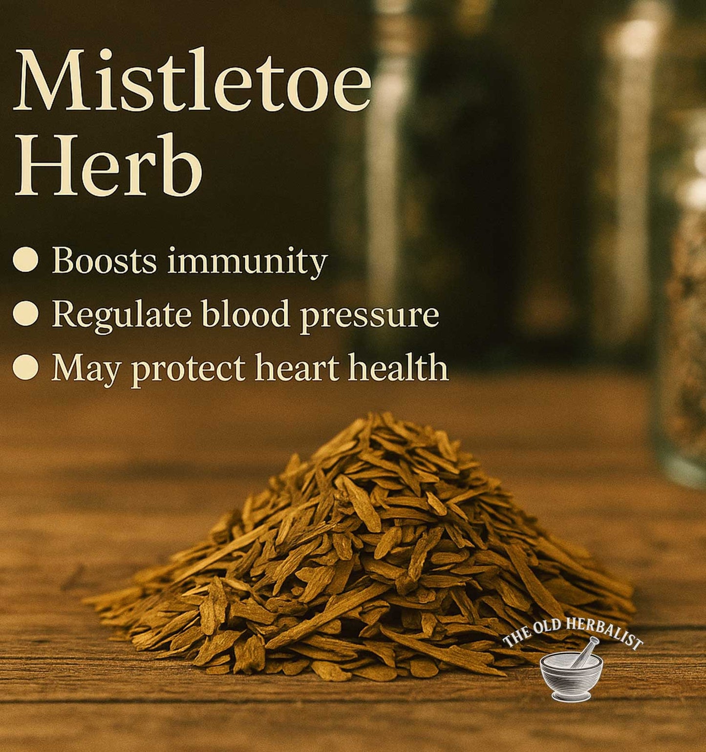 Mistletoe herb on a wooden surface with text about its benefits and branding.