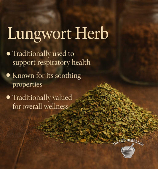 Lungwort herb with text about its uses on a wooden surface