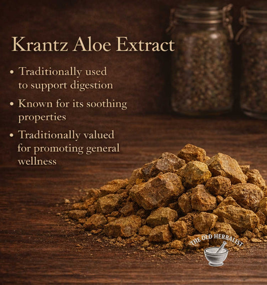 Krantz Aloe Extract on a wooden surface with text about its uses.