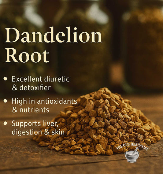Dandelion root with text highlighting its benefits on a wooden surface.