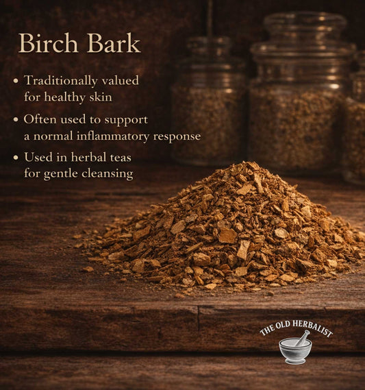 Birch bark on a wooden surface with text about its uses and The Old Herbalist logo.