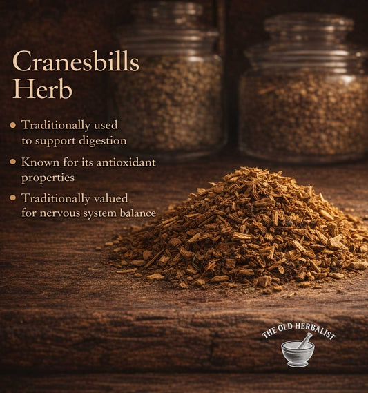 Cranesbills Herb on a wooden surface with text about its uses and The Old Herbalist logo.