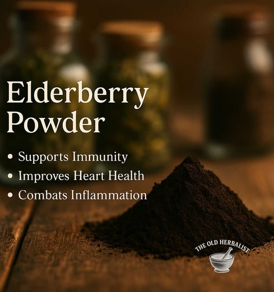 Finely ground black elderberries for tea and culinary use.