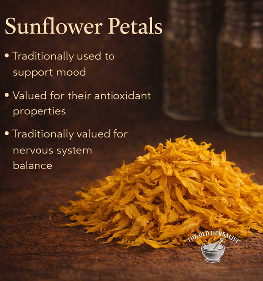 Sunflower petals with text about their uses on a dark background