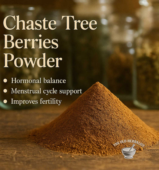 Chaste Tree Berries Powder with text about its benefits on a wooden surface.