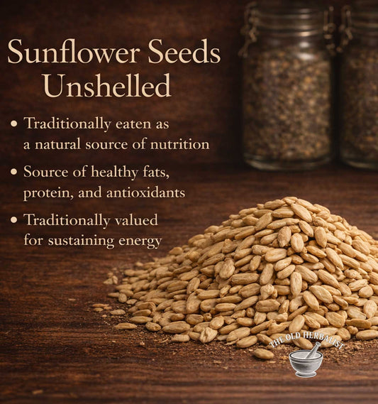 Sunflower seeds on a wooden surface with text about their nutritional value.