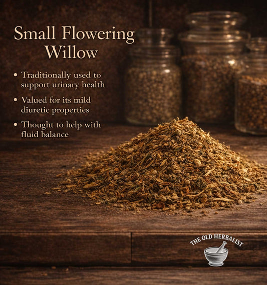 Heap of small flowering willow on a wooden surface with text about its uses and 'The Old Herbalist' branding.
