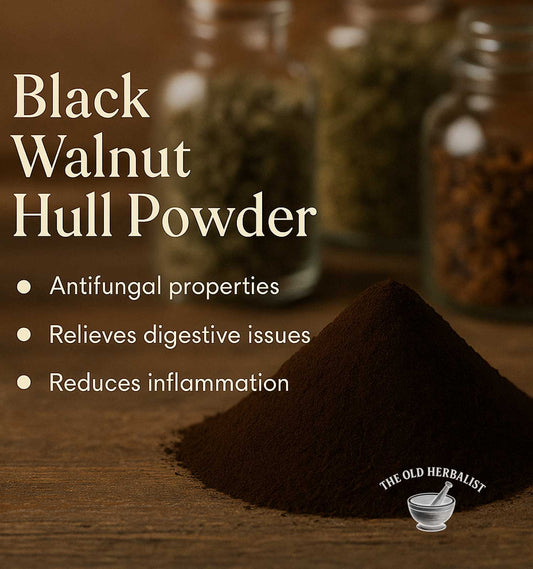 Black walnut hull powder with text highlighting its benefits on a wooden surface.