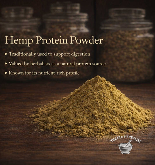 Hemp protein powder with text about its uses on a wooden surface, branded as 'The Old Herbalist'.