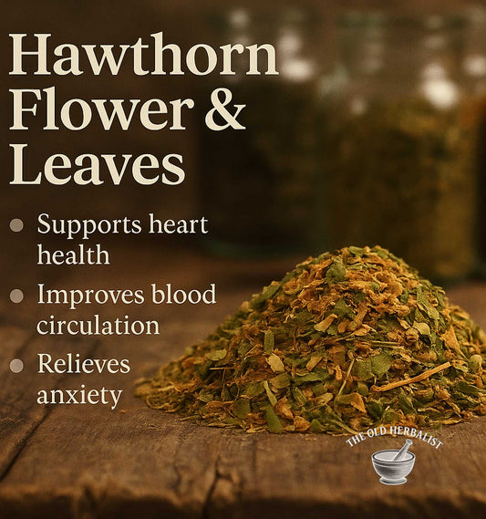Hawthorn flower and leaves on a wooden surface with text about health benefits and branding.