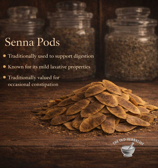Senna pods on a wooden surface with text about their uses, set against jars of herbs.