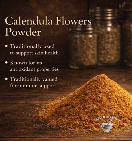Calendula flowers powder with text on a wooden background, featuring The Old Herbalist logo.