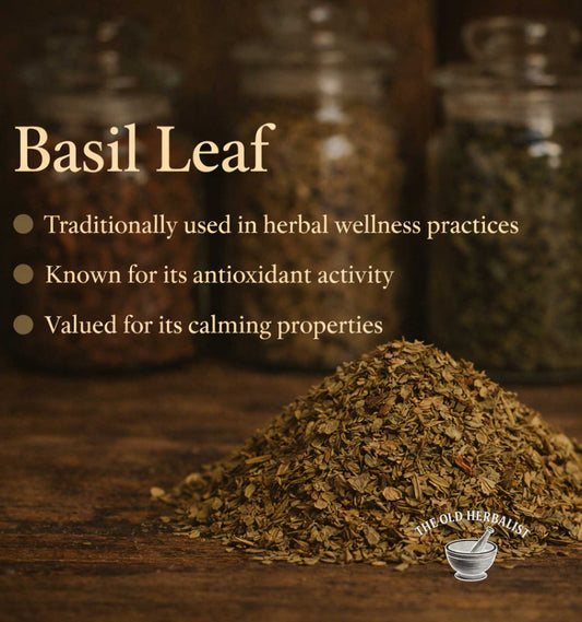 Loose dried basil leaves for cooking and herbal tea.