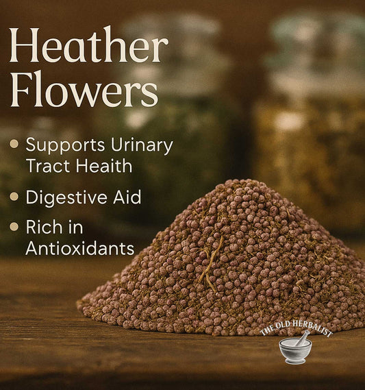 Heap of heather flowers with health benefits text on a wooden surface, blurred jars in the background.