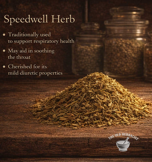 Speedwell herb on a wooden surface with text about its uses and The Old Herbalist logo.