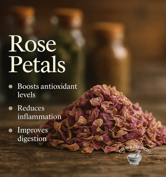 Rose petals with health benefits text on a wooden surface, blurred jars in the background.