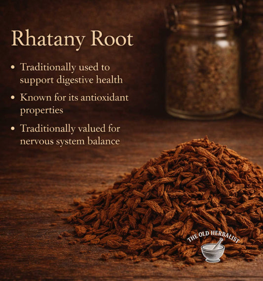 Rhatany root with text on a wooden background, featuring The Old Herbalist logo.