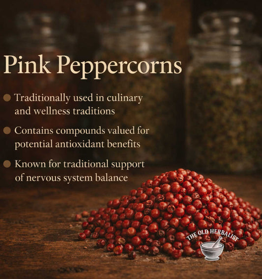 Pink peppercorns with text about their uses and benefits, branded as 'The Old Herbalist'.