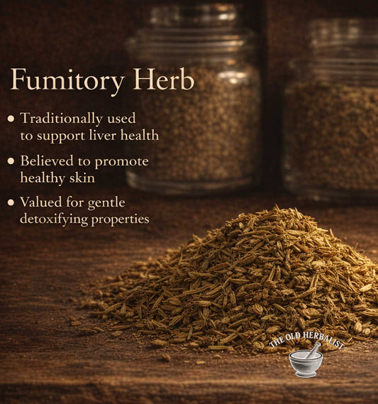 Fumitory herb on a wooden surface with text about its uses and The Old Herbalist branding.