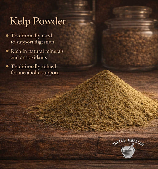 Kelp powder on a wooden surface with text about its benefits and The Old Herbalist branding.