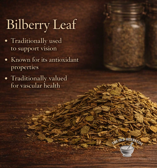 Dried bilberry leaves on a wooden surface with text about their uses.