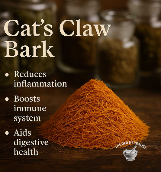 Cat's Claw Bark with benefits listed and The Old Herbalist logo.