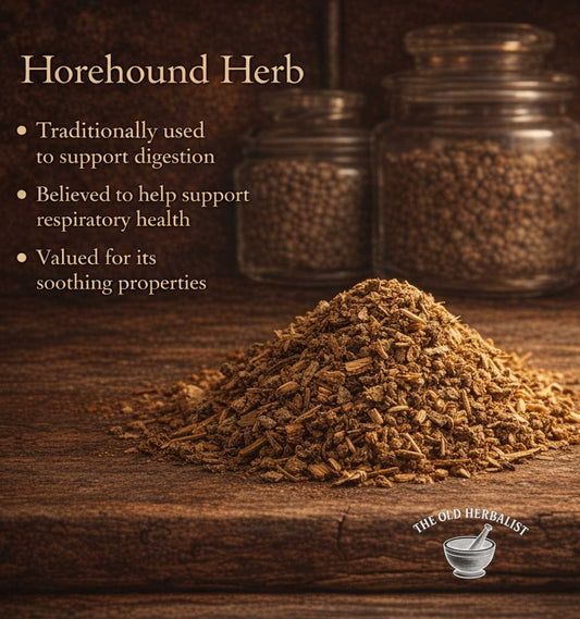 Horehound herb on a wooden surface with text about its uses and The Old Herbalist branding.