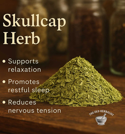 Loose dried skullcap herb for herbal tea and wellness routines