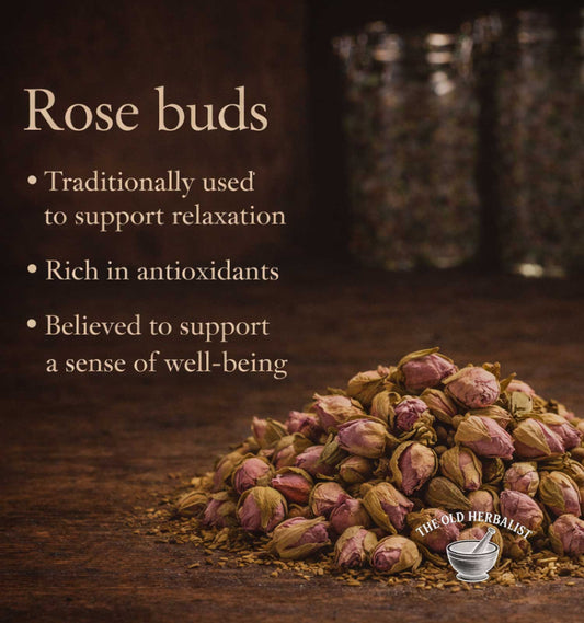 Rose buds with text about their uses on a dark background, featuring 'The Old Herbalist' logo.