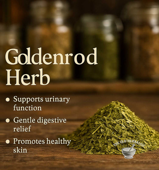 Heap of goldenrod herb on a wooden surface with text about its benefits.