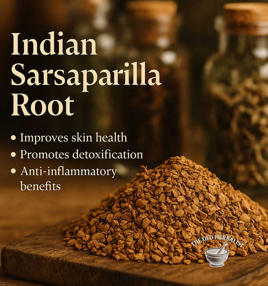 Indian Sarsaparilla Root with health benefits text on a wooden surface