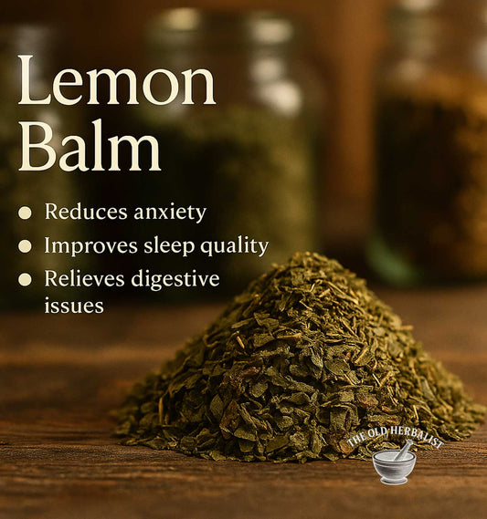 Lemon balm leaves on a wooden surface with text about its benefits and a brand logo.