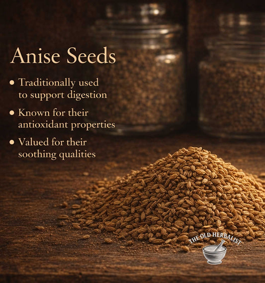 Anise seeds on a wooden surface with text about their uses, set against a dark background.