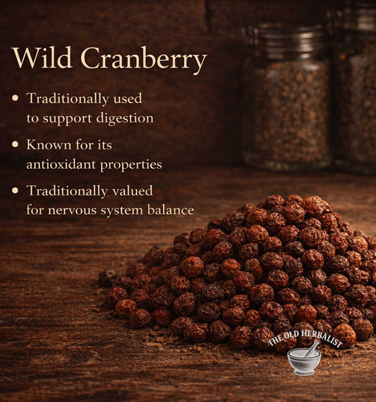 Wild cranberries on a wooden surface with text about their traditional uses.