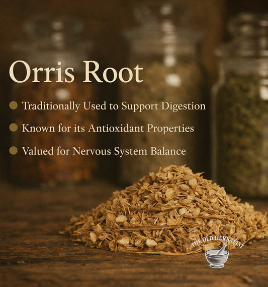 Orris root with text about its uses on a wooden surface, featuring The Old Herbary logo.