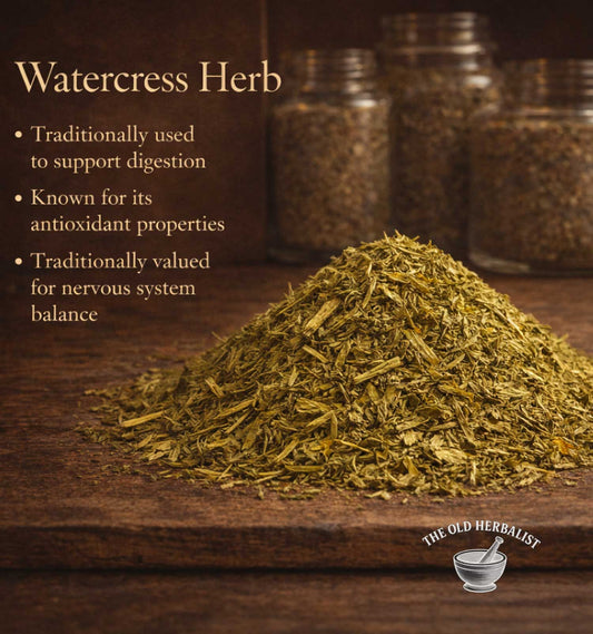 Dried watercress herb on a wooden surface with text about its uses and The Old Herbalist branding.