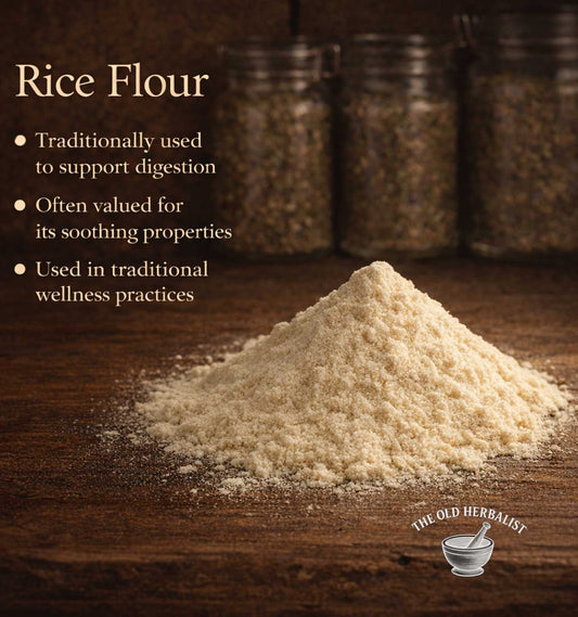 Rice flour on a wooden surface with text about its uses and The Old Herbalist branding.
