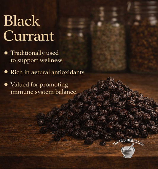 Black currants with text about their health benefits on a wooden surface, featuring jars in the background.
