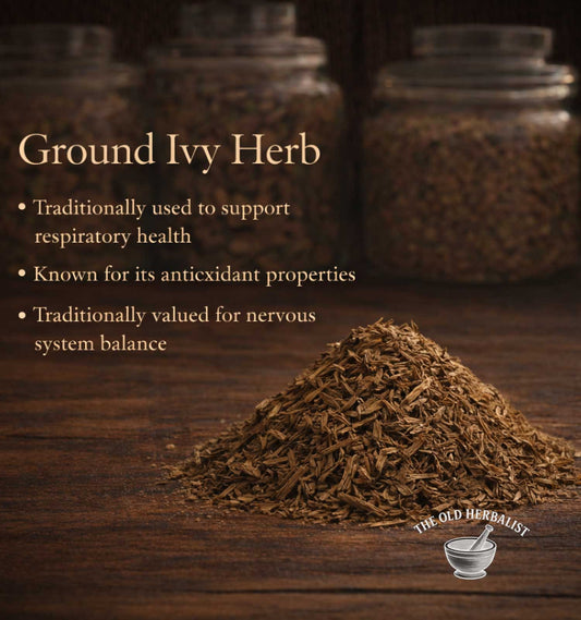 Ground ivy herb with text on a wooden background, featuring The Old Herbalist logo.