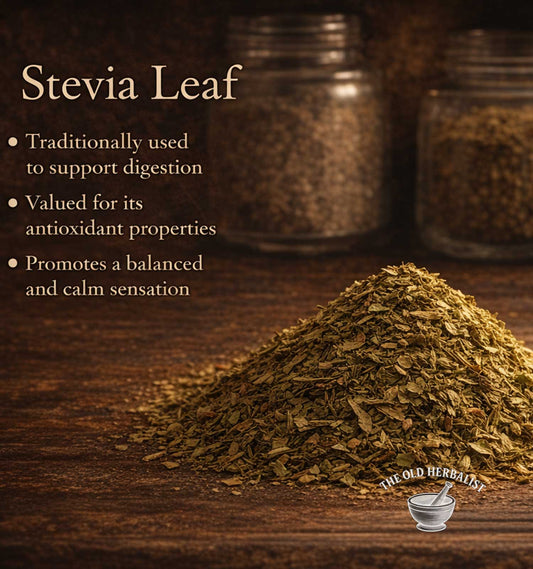 Stevia leaf on a wooden surface with text about its uses and 'The Old Herbalist' logo.