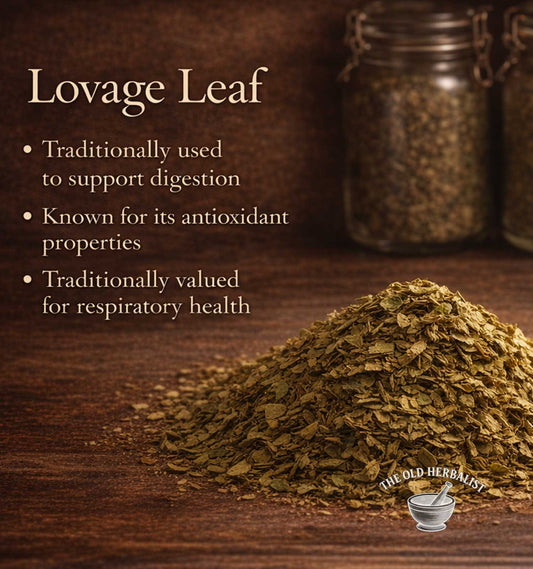 Dried lovage leaves on a wooden surface with text about their uses.