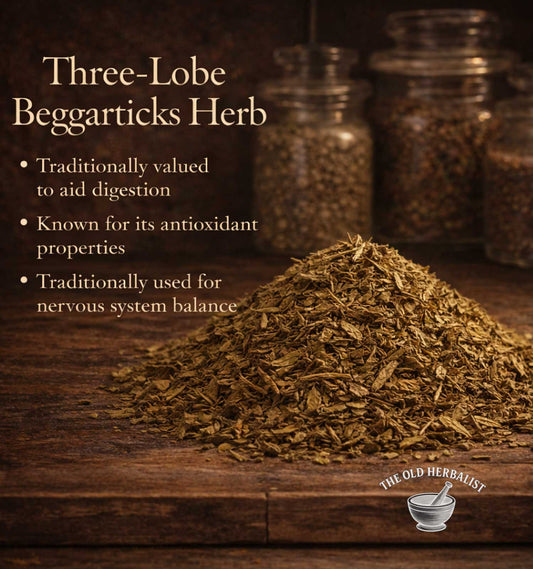 Three-Lobe Beggarticks Herb with text on a wooden surface, featuring The Old Herbalist logo.