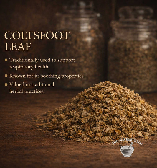 Coltsfoot leaf with text about its uses and The Old Herbalist logo.